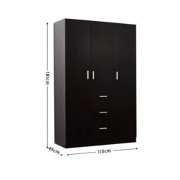 Black 3 Door 3 Drawer Wardrobe With Storage Shelf Hanging Rail Bedroom Clothes Closet - thumbnail 2