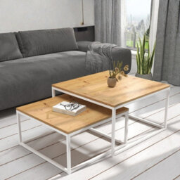 Kama 2 Piece Coffee Table Set Metal Base Legs White With Artisan Oak Tops Modern Matching Duo In Large And Small Sizes - thumbnail 1