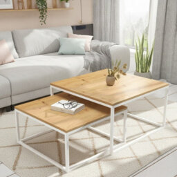 Kama 2 Piece Coffee Table Set Metal Base Legs White With Artisan Oak Tops Modern Matching Duo In Large And Small Sizes - thumbnail 3