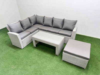 Fimous Rattan Garden Furniture Set Outdoor 7 Seater Corner Sofa Sets With Oblong Coffee Table Big Footstool Light Grey Mixed - image 1