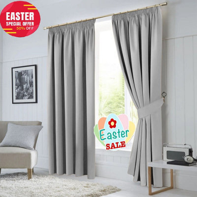 Ameha Light Grey Plain Curtain Pencil Pleat Blackout Thick Thermal Insulated Curtain Pair 90''x90'' Pair Living Room Bedroom Decor - image 1