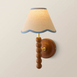 Valuelights Bobbin Walnut Bobble Wall Light And Blue Trim Linen Lamp Shade And Bulb - thumbnail 3