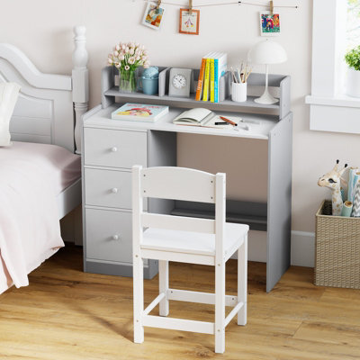 Costway Kids Study Desk And Chair Set Children Writing Desk W/ Hutch-Grey - image 1