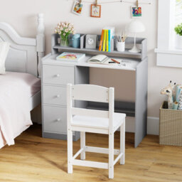 Costway Kids Study Desk And Chair Set Children Writing Desk W/ Hutch-Grey