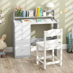 Costway Kids Study Desk And Chair Set Children Writing Desk W/ Hutch-Grey - thumbnail 7