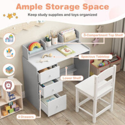 Costway Kids Study Desk And Chair Set Children Writing Desk W/ Hutch-Grey - thumbnail 3