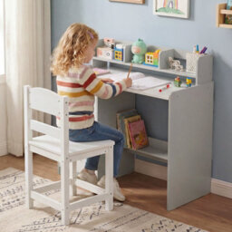 Costway Kids Study Desk And Chair Set Children Writing Desk W/ Hutch-Grey - thumbnail 9