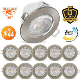 Paul Russells Led Downlight Brush Nickel Tilt Recessed Ceiling Spotlight 4.8W 500 Lumens, Ip44, Colour Changeable Cct3 Pack Of 10 - thumbnail 1