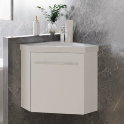 Sline 395mm Matte White Bathroom Vanity Unit With Integrated Sink, 1 Door Soft-Close In The Corner - thumbnail 1