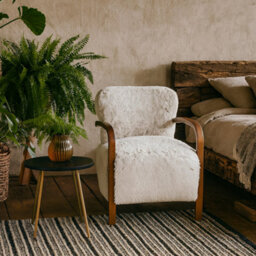 Wyld Haus Luna Accent Armchair In Natural Faux Shearling With Walnut Arms