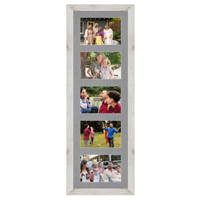 AK Frames 26X8 White Rustic Modern Multi Photo Frame With Mid Grey Mount - Holds 5 Apertures (5X) 6X4 Photos - image 1