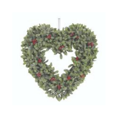 Christmas Wreath 34Cm - Frosted Green Leaf Heart With Red Berries - image 1