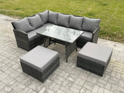 Fimous Rattan Garden Furniture Corner Sofa Set With Oblong Dining Table 2 Big Footstool Outdoor Wicker Rattan Set - image 1