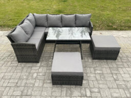 Fimous Rattan Garden Furniture Corner Sofa Set With Oblong Dining Table 2 Big Footstool Outdoor Wicker Rattan Set - thumbnail 2