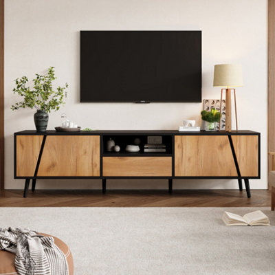 Abrihome Tv Stand Cabient With 1 Drawer 2 Door, Tv Cabinet Storage Sideboard, Tv Entertainment Center For Livingroom Bedroom, Wood+Black - image 1