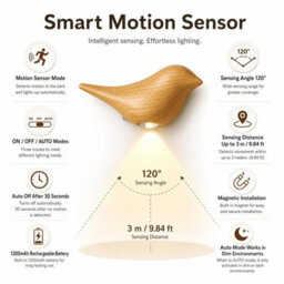 Oak Bird Wall Sconce, Rechargeable Motion Sensor Wall Light,no Wiring Needed For Bedroom Hallway Stairway Entryway(Left) - thumbnail 7
