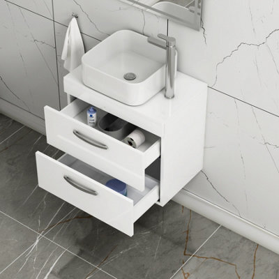 Royal Bathrooms 600mm Wall Hung Vanity Unit 2 Drawer Gloss White & Elena Countertop Basin - image 1