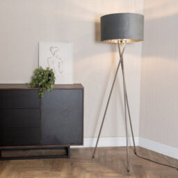 Valuelights Camden Chrome Tripod Floor Lamp With Grey Velvet Shade And Bulb - thumbnail 1