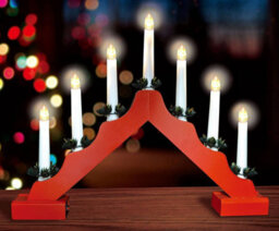 7 Led Wooden Christmas Candle Bridge Battery Operated Indoor Xmas Festive Pre-Lit Warm White Light Window Decoration Arch Red - thumbnail 1