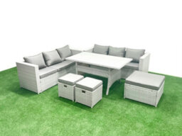 Fimous Rattan Garden Furniture Set 9 Seater Outdoor Sofa Set Dining Table 3 Stools Light Grey - thumbnail 1