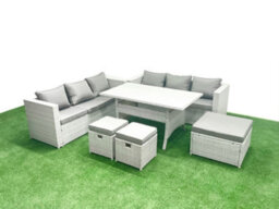 Fimous Rattan Garden Furniture Set 9 Seater Outdoor Sofa Set Dining Table 3 Stools Light Grey - thumbnail 2