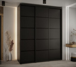 Arte Cannes Iv Stylish Black Sliding Door Wardrobe 2000mm H2050mm D600mm With Black Steel Handles And Decorative Strips