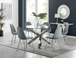 Furniturebox Uk Vogue Large Round Chrome Metal Clear Glass Dining Table And 6 Elephant Grey Corona Silver Dining Chairs Set - thumbnail 1