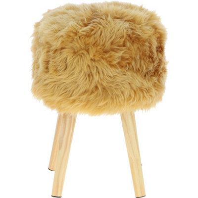 Fenland Sheepskin Fenland's Real Sheepskin Handmade Stool Ochre With Wooden Legs - (H) 50Cm (Diameter) 39Cm - image 1