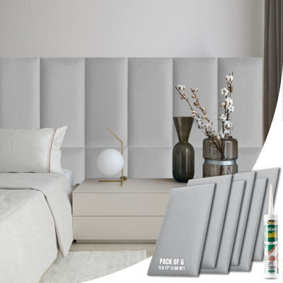 Novecrafto Velvet Padded Wall Panels Pack Of 6 With Adhesive 60 X 30 Cm - 3D Grey Upholstered Wall Mounted Headboards For Bedroom - image 1