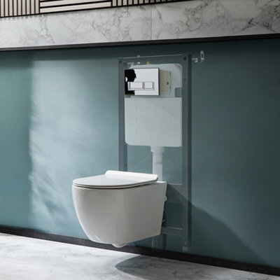 Homestylestore White Bathroom Wall Hung Rimless Toilet Tall Wall Frame And Chrome Rectangular Flush Plate - image 1