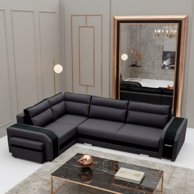 Assan Corner Sofa Bed With Ottoman Wooden Frame Wave Spring Foam Loose Pillows Dark Grey And Black Left Side - image 1