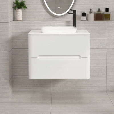 Royal Bathrooms Venice 700mm Gloss White Wall Mounted Bathroom Countertop Vanity Unit 2 Drawer With Qubix Basin - image 1