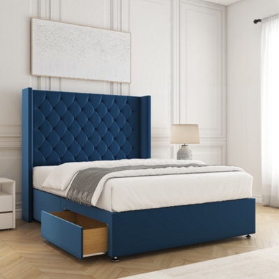 Bsspoke Winchester Divan Bed Set Blue Plush Velvet With 54Inch Headboard 2Drawers Footend & No Mattress In 4Ft 4Ft6 5Ft 6Ft - image 1