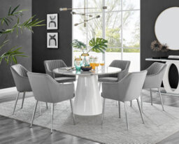 Furniturebox Uk Palma White Marble Effect Round Dining Table & 6 Grey Calla Silver Leg Chairs