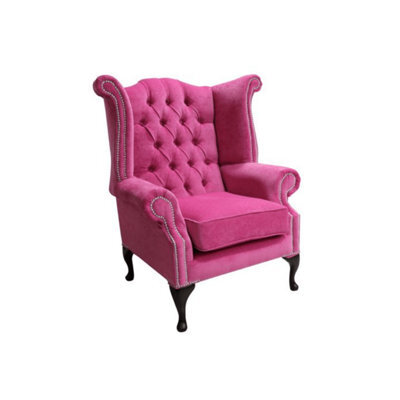 Chesterfield High Back Wing Chair Pimlico Fuchsia Pink Fabric In Queen Anne Style - image 1