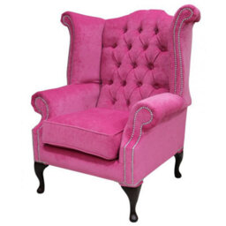 Chesterfield High Back Wing Chair Pimlico Fuchsia Pink Fabric In Queen Anne Style - thumbnail 2