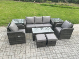 Fimous 7 Seater Rattan Garden Furniture Set With Rectangular Coffee Table 2 Side Tables 2 Small Footstools Patio Outdoor - thumbnail 2