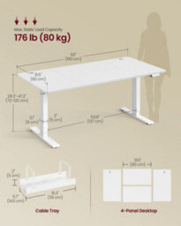 LEDREM Electric Standing Desk, 160 X 80 Cm, Usb C Port, Cable Tray, Height Adjustable Desk, Sedentary Reminder, 3 Memory Heights - thumbnail 7
