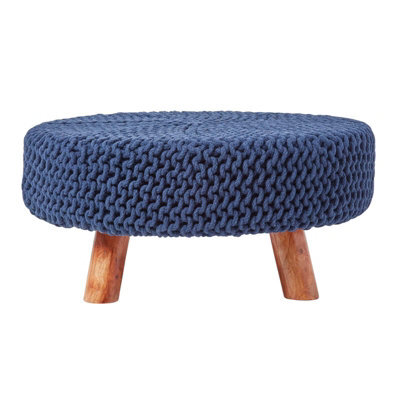 Homescapes Navy Blue Large Round Cotton Knitted Footstool On Legs - image 1