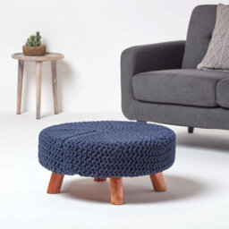 Homescapes Navy Blue Large Round Cotton Knitted Footstool On Legs - thumbnail 2