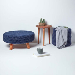 Homescapes Navy Blue Large Round Cotton Knitted Footstool On Legs - thumbnail 6