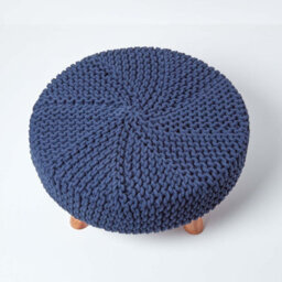 Homescapes Navy Blue Large Round Cotton Knitted Footstool On Legs - thumbnail 3
