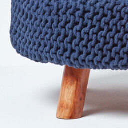 Homescapes Navy Blue Large Round Cotton Knitted Footstool On Legs - thumbnail 4