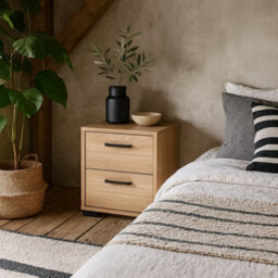 Wyld Haus Stuttgart Natural Oak Bedside Table 2 Drawers Black Metal Handles - thumbnail 2