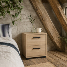 Wyld Haus Stuttgart Natural Oak Bedside Table 2 Drawers Black Metal Handles - thumbnail 1