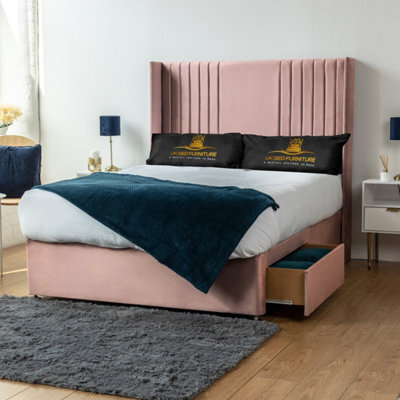 UKBEDFURNITURE Skyline Pink Plush Wingback Divan Bed With 2 Foot End Drawers & 54 Inch Headboard - image 1