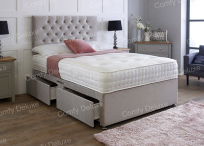 Comfy Deluxe 4Ft6 Double Silver Plush Velvet Pocket Divan Bed & Chesterfield Headboard 2 Drawers Same Side