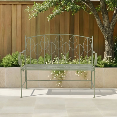Charles Bentley Sage Green Leaf Design Rustic Metal Garden Bench - image 1