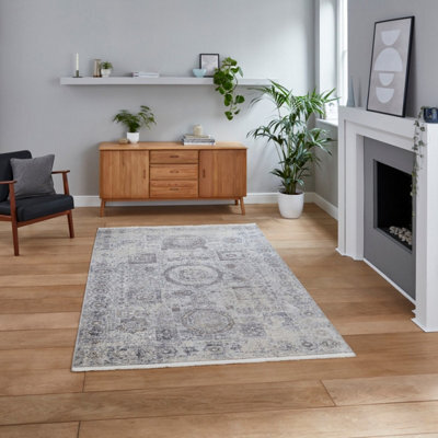 Traditional Grey Abstract Geometric Easy To Clean Rug For Dining Room-120Cm X 170Cm - image 1