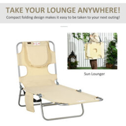 Outsunny Sun Lounger With Reading Hole, Folding Garden Lounger, Beige - thumbnail 7